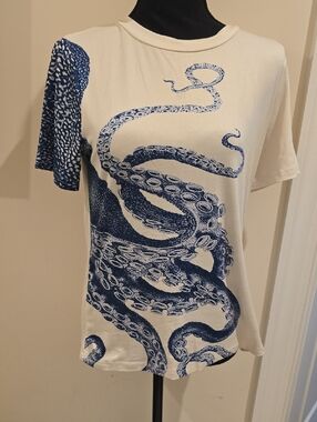 SHEIN Cream Tee with Blue Octopus Print